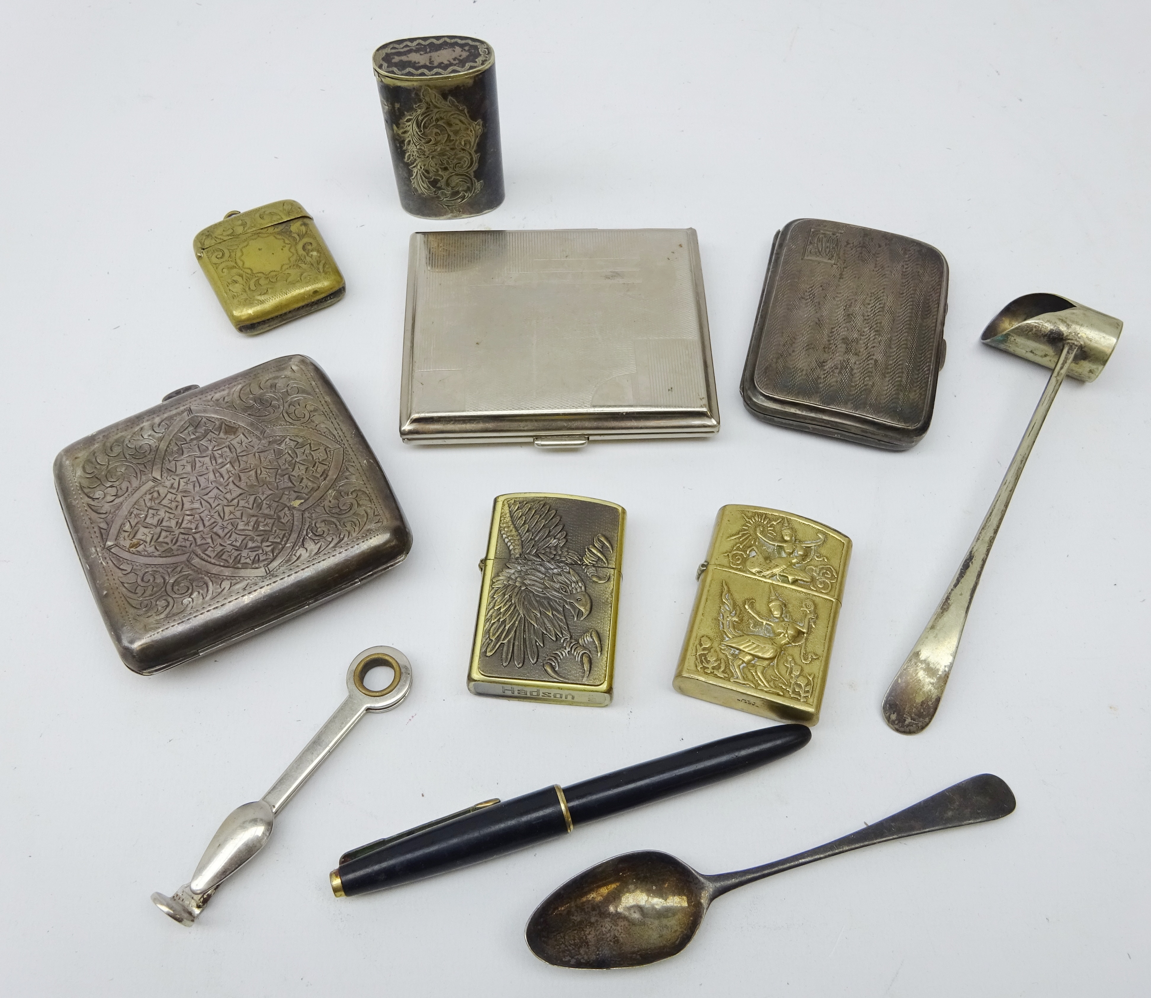 Two early 20th century silver cigarette cases, vesta cases, Parker fountain pen with 14k nib,