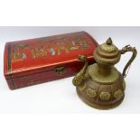 Chinese red lacquer style twin handled bottle chest with domed hinged lid and figural decoration,