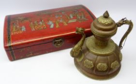 Chinese red lacquer style twin handled bottle chest with domed hinged lid and figural decoration,