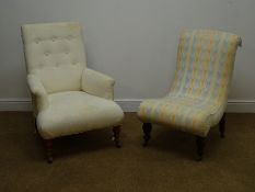 Edwardian armchair, upholstered in a neutral fabric, buttoned back, scrolling arms,