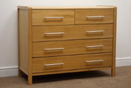 Modern light oak chest, two short and three long drawers, stile supports, W110cm, H85cm,
