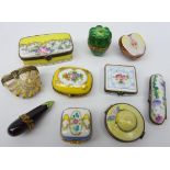 Ten Limoges hand painted porcelain boxes with gilt metal mounted including a needle case,