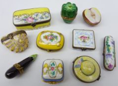 Ten Limoges hand painted porcelain boxes with gilt metal mounted including a needle case,