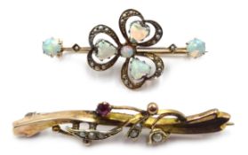 Edwardian opal and seed pearl bar clover leaf brooch,
