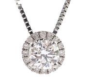 18ct white gold diamond halo pendant necklace, stamped 750, central diamond 0.