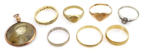 Three gold wedding bands, two gold signet rings, gold diamond single stone ring,