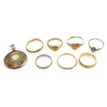 Three gold wedding bands, two gold signet rings, gold diamond single stone ring,