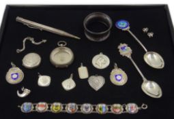 Silver and enamel medals, spoons and bracelet; propelling pencil,