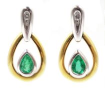 Pair of 18ct white and yellow gold emerald and diamond pendant earrings,