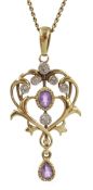 Amethyst and diamond pendant stamped K9 on 9ct gold chain necklace hallmarked Condition