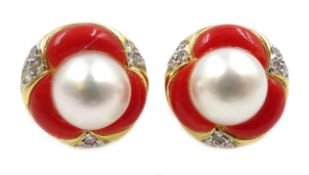Pair of 18ct gold coral pearl and diamond stud earrings,
