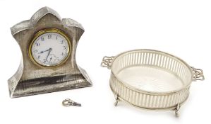 Silver cased Swiss Made dressing table clock by Joseph Gloster Ltd and a silver butter/preserve