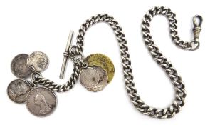 Victorian silver watch chain with silver jubilee shilling, sixpence and threepence,