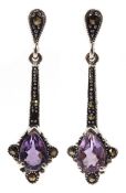 Pair of silver amethyst and marcasite pendant earrings,