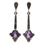 Pair of silver amethyst and marcasite pendant earrings,