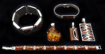 Contemporary Baltic amber silver bracelets and pendants,