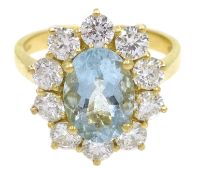 18ct gold aquamarine and diamond cluster ring, hallmarked, aquamarine approx 1.