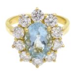 18ct gold aquamarine and diamond cluster ring, hallmarked, aquamarine approx 1.