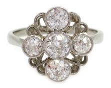 Art Deco five stone diamond ring bezel, set in pierced platinum with white gold band,