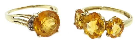 Gold citrine and diamond ring, stamped 575 14K and gold three stone citrine ring,