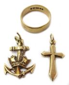 Gold wedding band, anchor charm and cross, all hallmarked 9ct,