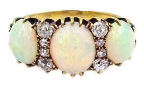 Victorian gold three stone opal and eight stone diamond ring,