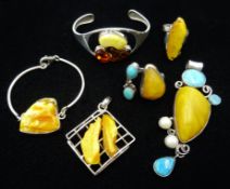 Silver amber, pearl and turquoise set pendant, similar silver ring, amber set ring,