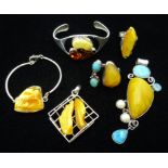 Silver amber, pearl and turquoise set pendant, similar silver ring, amber set ring,