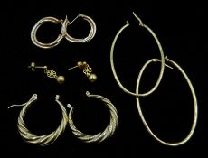 Three pairs of gold hoop earrings and one other pair of pendant earrings, all hallmarked 9ct,