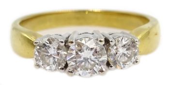 18ct gold three stone round brilliant cut diamond ring, stamped 750, with valuation certificate,