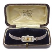 Platinum Art Deco diamond set cocktail watch, on white gold mesh bracelet, stamped 9ct,