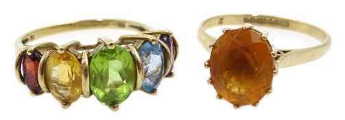 9ct gold five stone peridot, citrine, amethyst, blue topaz and garnet ring,