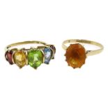 9ct gold five stone peridot, citrine, amethyst, blue topaz and garnet ring,