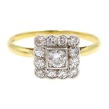 Gold diamond square cluster ring, stamped 18ct Condition Report size O, 2.