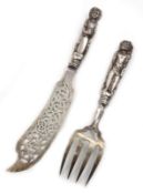 Pair Victorian silver fish servers, mythological figural handles by Susanna Cook 1845,