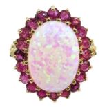 Gold opal and ruby cluster ring, hallmarked Condition Report Approx 3.