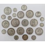 Queen Victoria and later pre 1920 British silver coins including; Queen Victoria Gothic florin 1853,