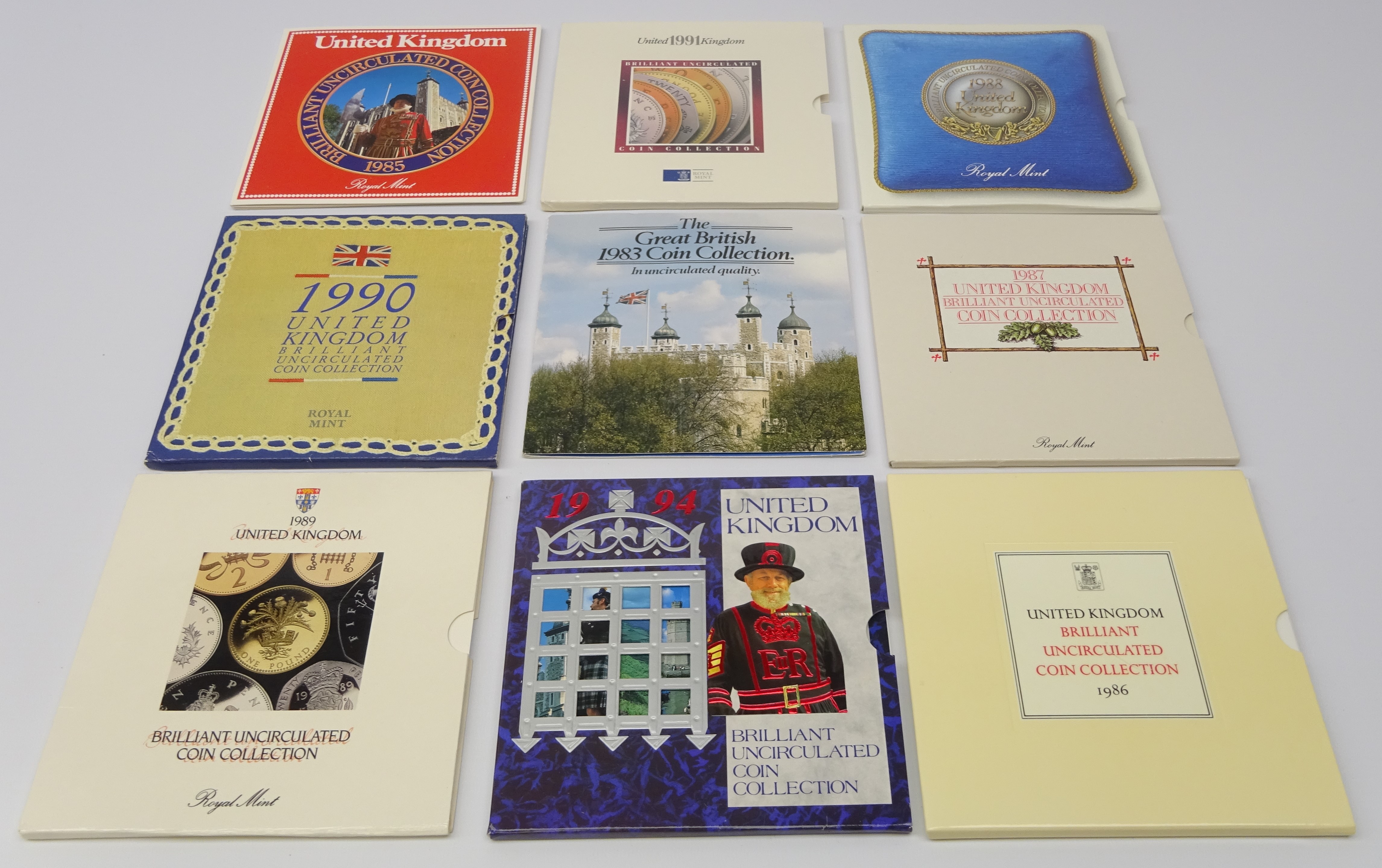 Nine United Kingdom brilliant uncirculated coin collections; 1983, 1985, 1986, 1987, 1988, 1989, - Image 2 of 2