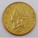 United States of America 1890 gold twenty dollars coin,