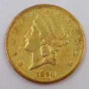 United States of America 1890 gold twenty dollars coin,