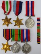 Six WWII medals; The Burma Star, War and Defence medals on bar with corresponding ribbon bar,