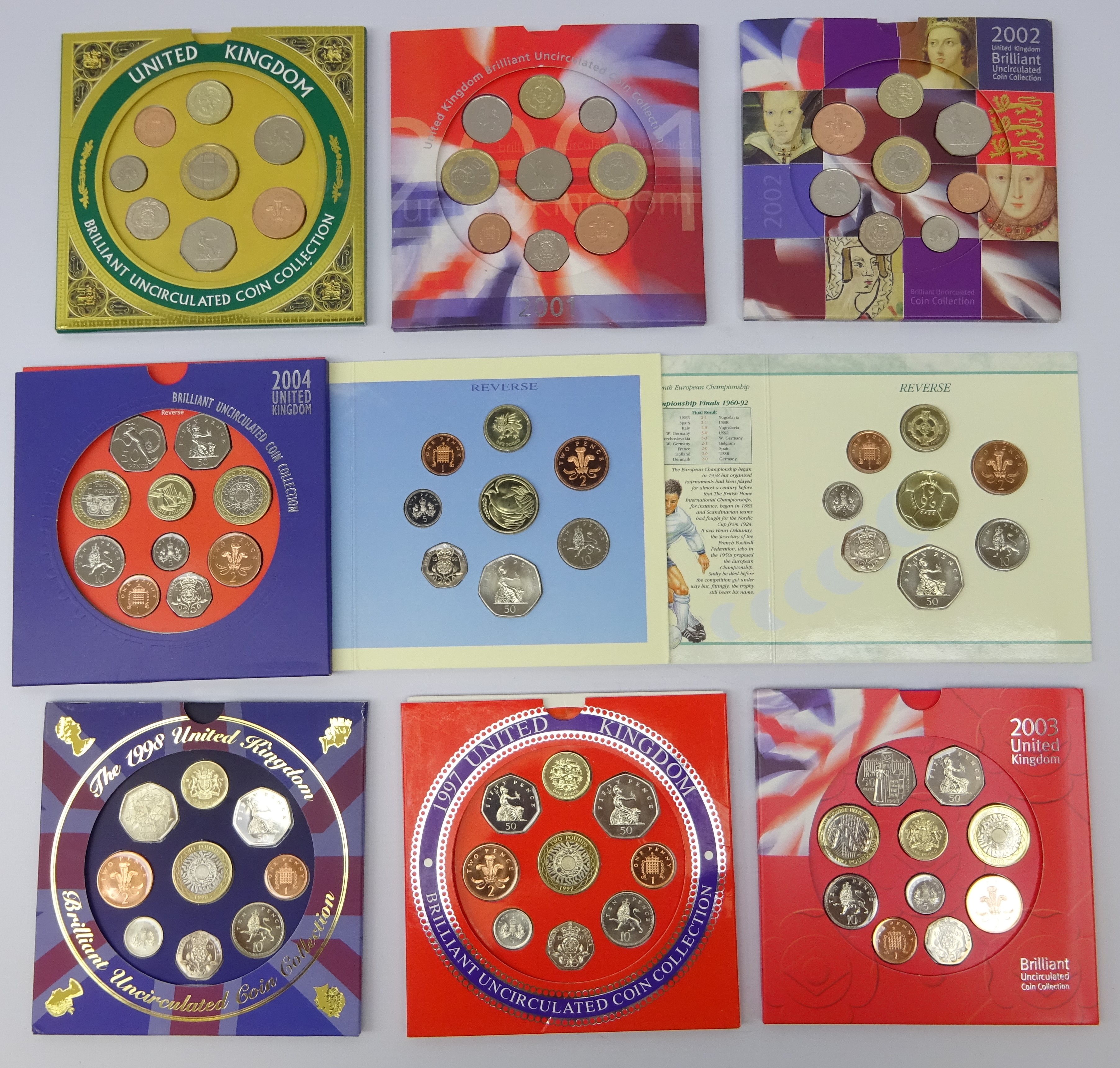Nine United Kingdom brilliant uncirculated coin collections; 1995, 1996, 1997, 1998, 1999, 2001,
