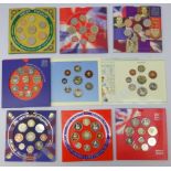 Nine United Kingdom brilliant uncirculated coin collections; 1995, 1996, 1997, 1998, 1999, 2001,