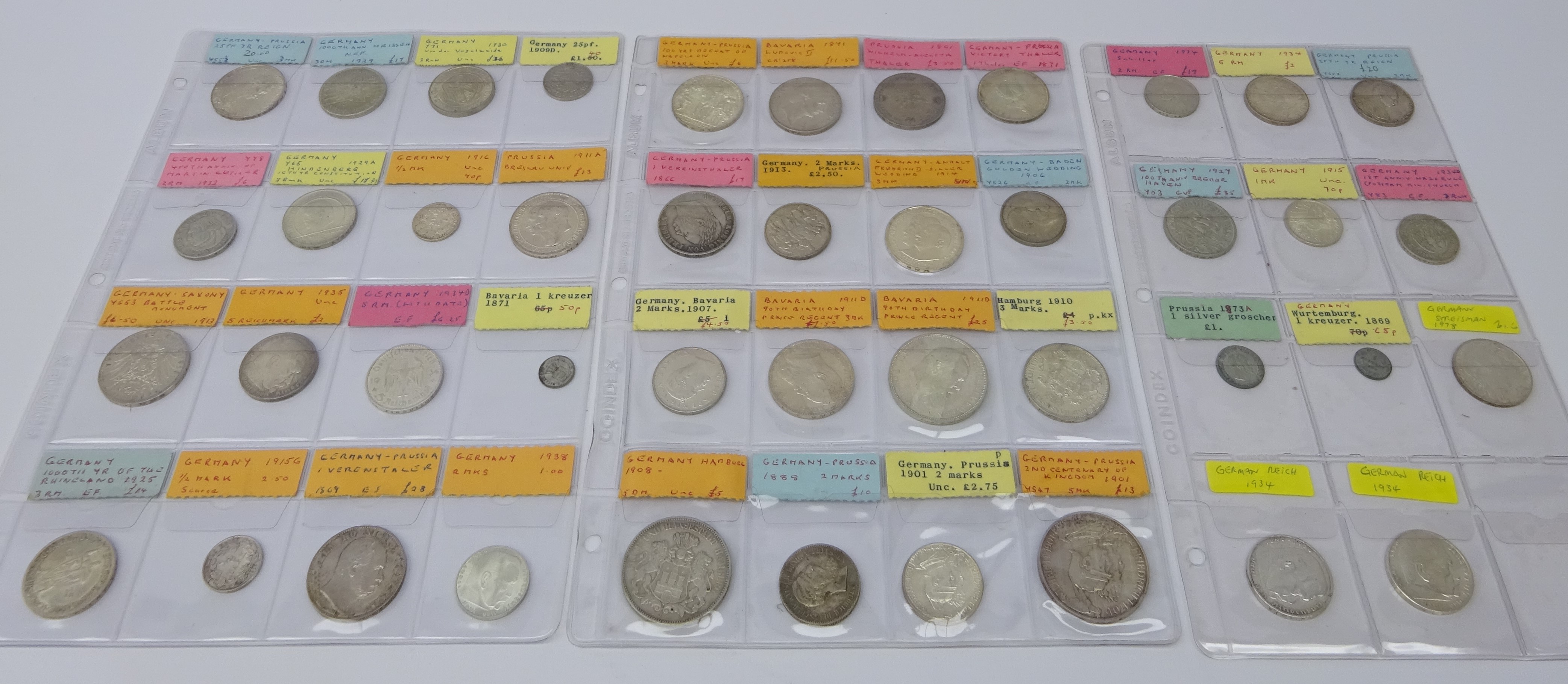 Collection of Prussian and German coins including; 1901 five marks, 1908 five marks,