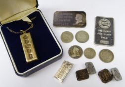 Small collection of hallmarked silver ingots, four pre 1947 sixpence pieces,