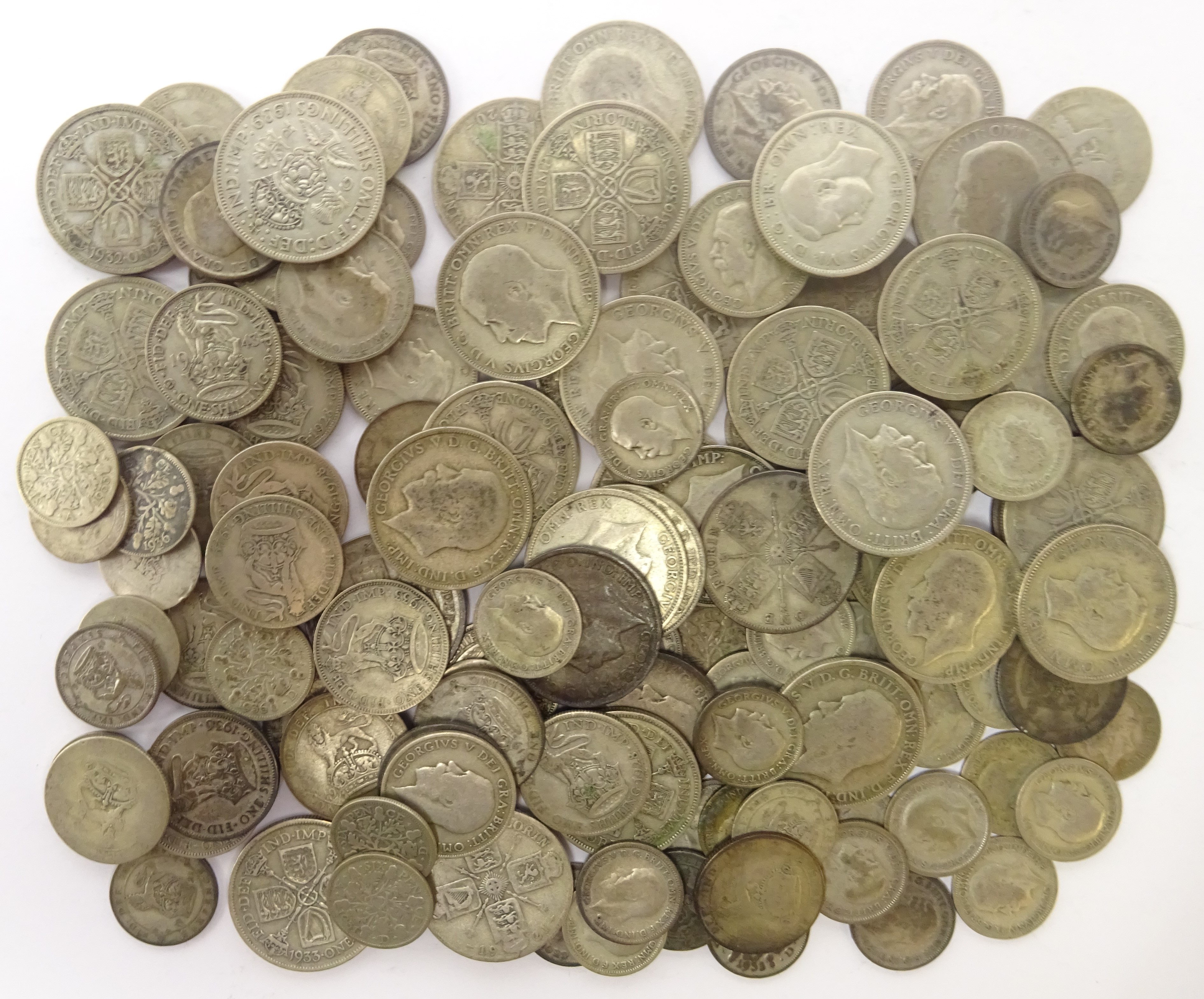 Over 700 grams of pre 1947 Great British silver coins; florins,