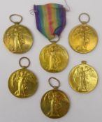 Six WWI Victory medals, one with ribbon to: 50644 PTE. W. PINDER W.YORK. R, 8166 PTE. G.