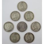 Eight Queen Victoria crowns; 1887, 1888, three 1889, 1890,