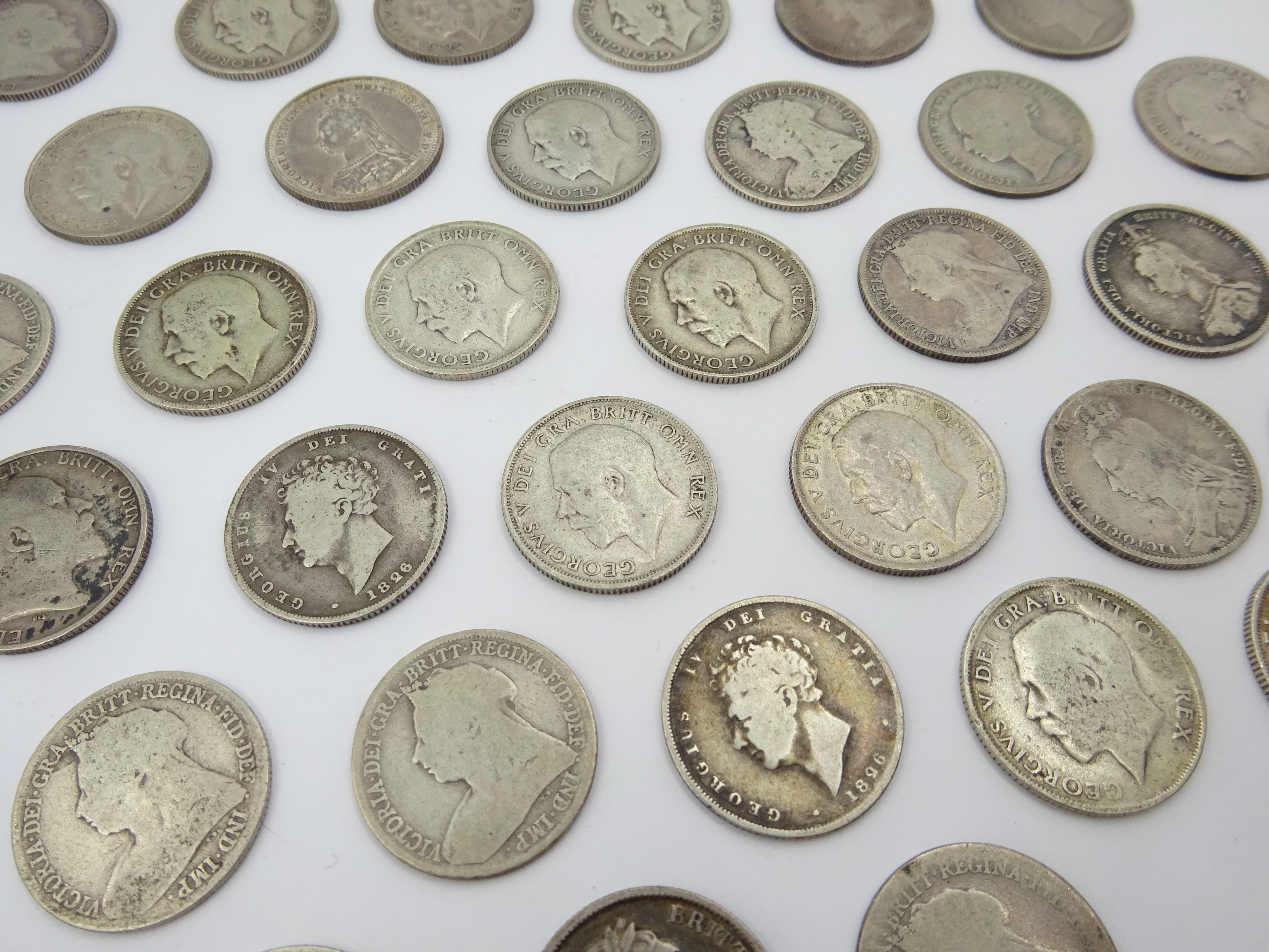 Sixty-nine pre 1920 British silver one shilling coins including; 1819, three 1826, 1871, 1872, 1873, - Image 4 of 8