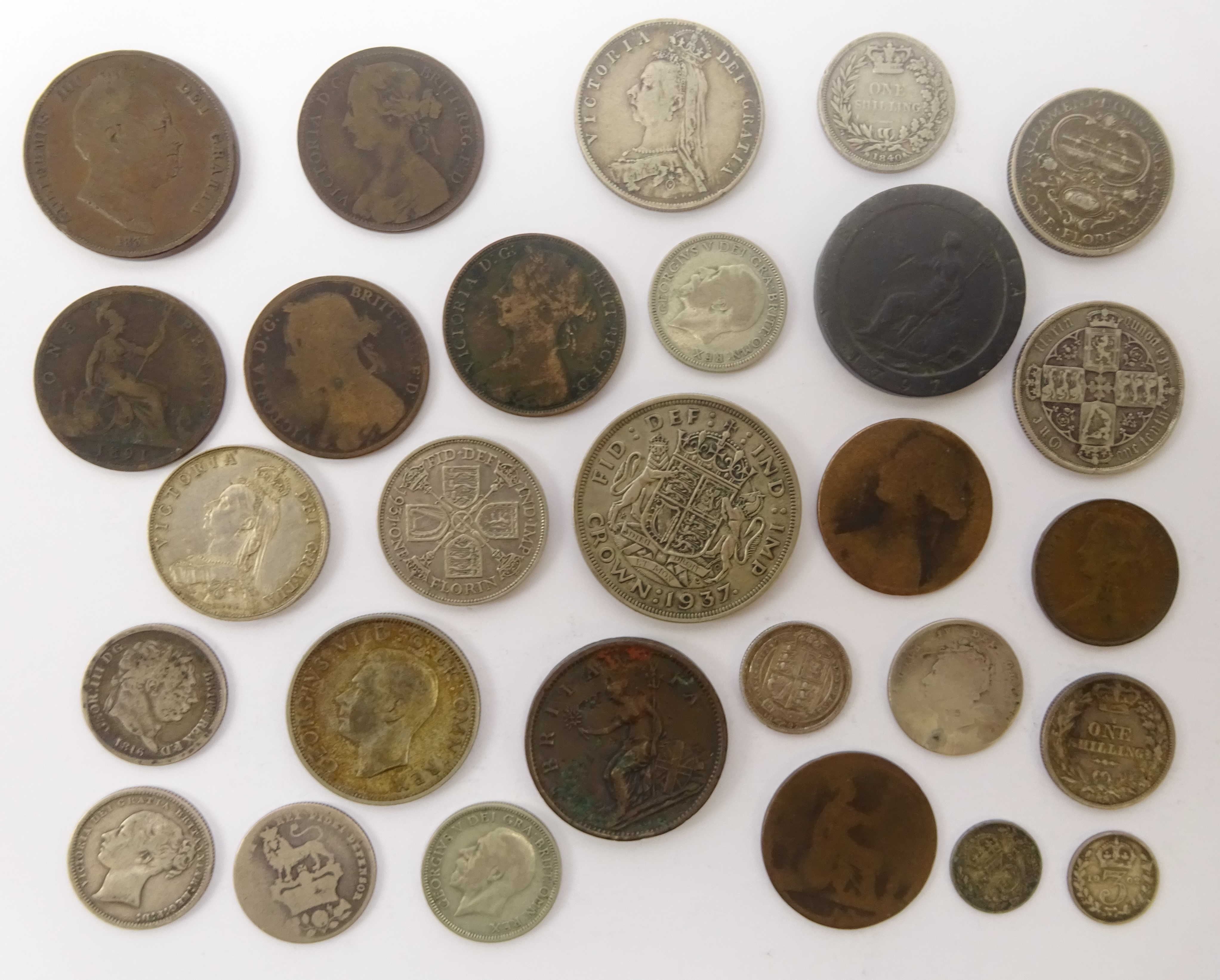 Collection of King George III and later coinage including George III 1797 cartwheel penny,